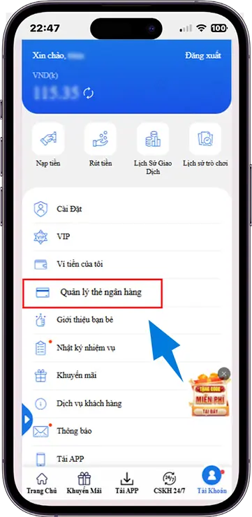 Bước 2 : chọn vào phần   " Quản lý thẻ ngân hàng " 